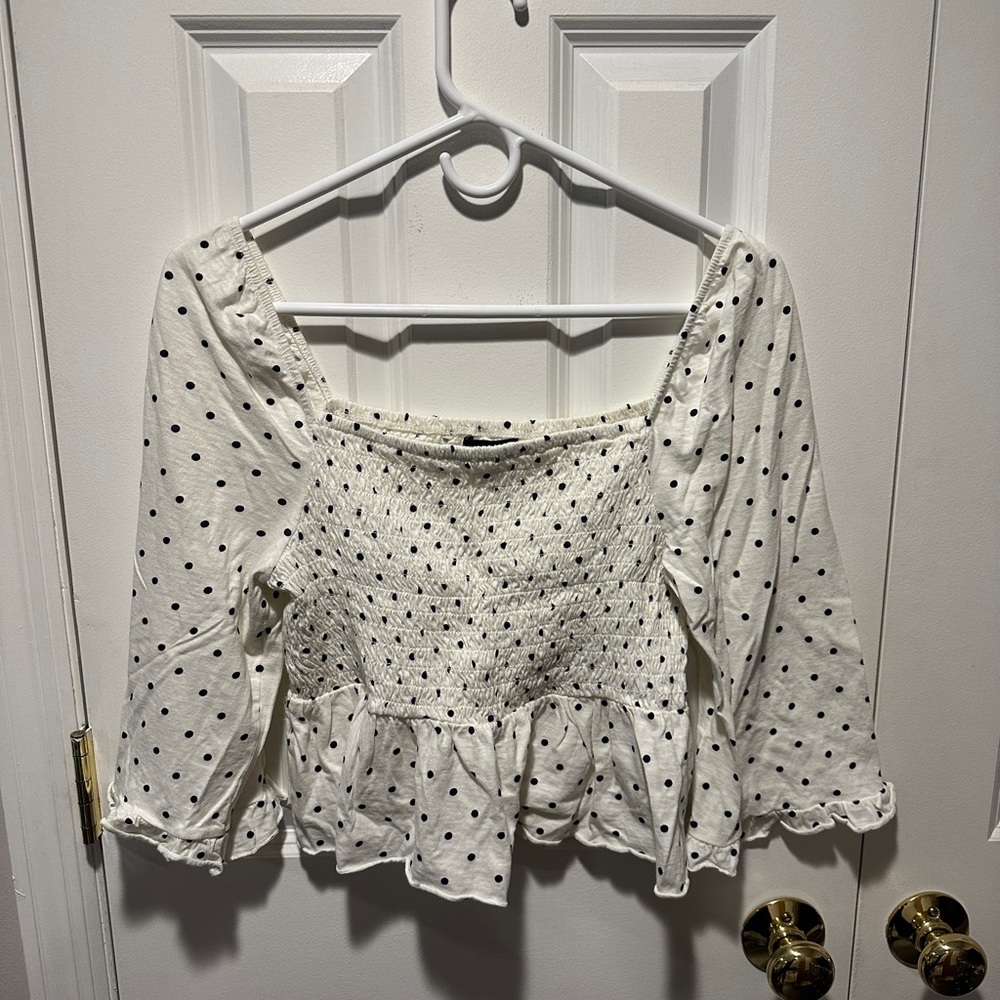 American Eagle Outfitters White Polka Dot Smocked Blouse